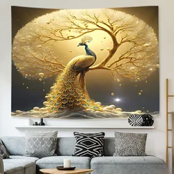 Golden Peacock Money Tree Tapestry Polyester Wall Hanging For Bedroom, Dorm Decor Includes Free Accessories Perfect Gift Idea