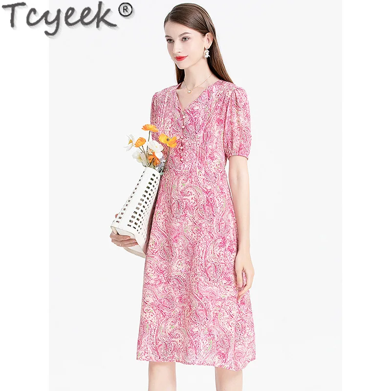 

Tcyeek 100% Real Mulberry Silk Womens Dresses Waist Summer Clothes Elegant Dresses for Women Fashion Midi Dress V-neck 2024