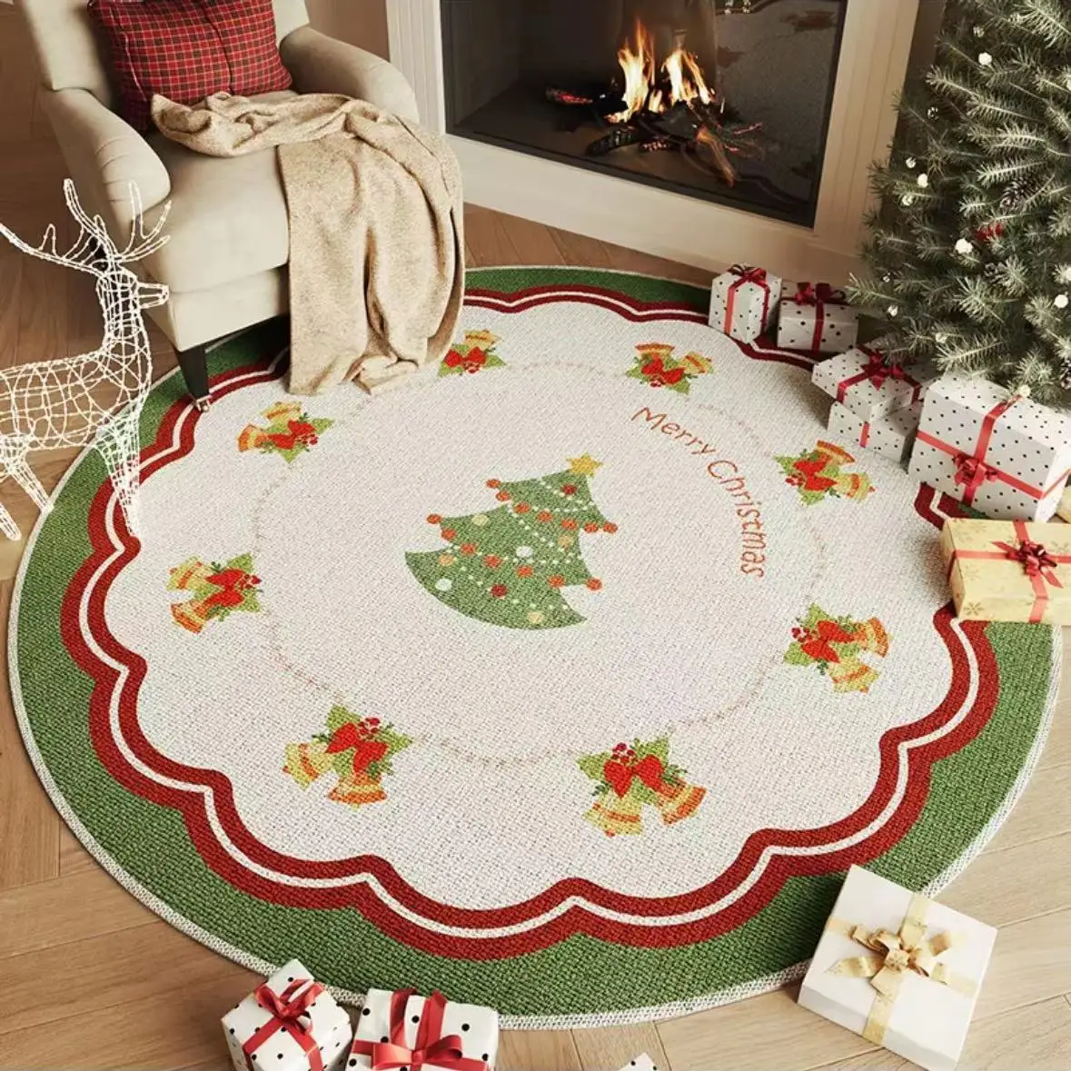 Alfombra circular navideña para sala de estar, decoración roja para árbol de Navidad, decoraciones festivas para dormitorio