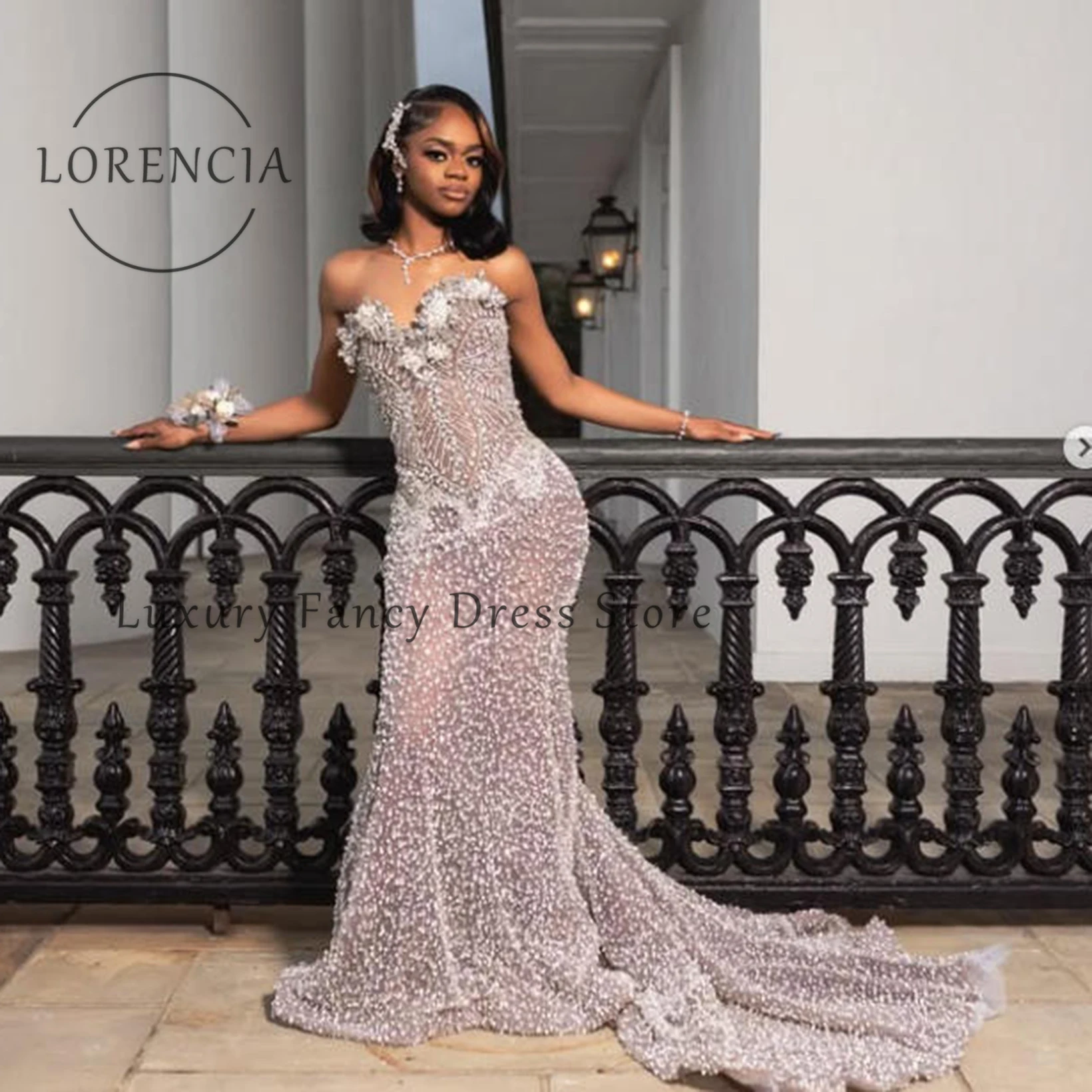 

Exquisite Illusion Mesh Full Crystal Prom Dresses Beaded Strapless Neckline Mermaid Evening Gowns Customized suknia studniówka