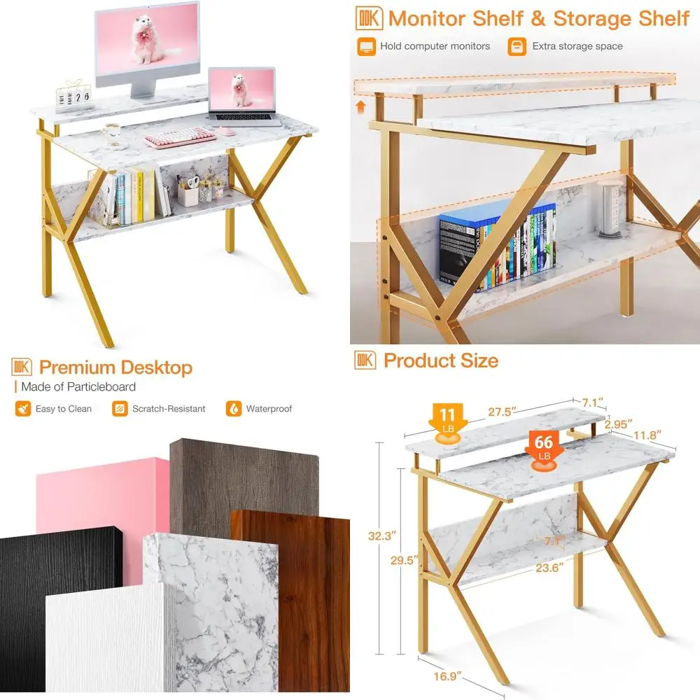 Small Desk, 27.5 Inch Computer Desk for Small Spaces, Kids Desk with Storage, Study Table with Monitor Stand for Homeschool, Whi