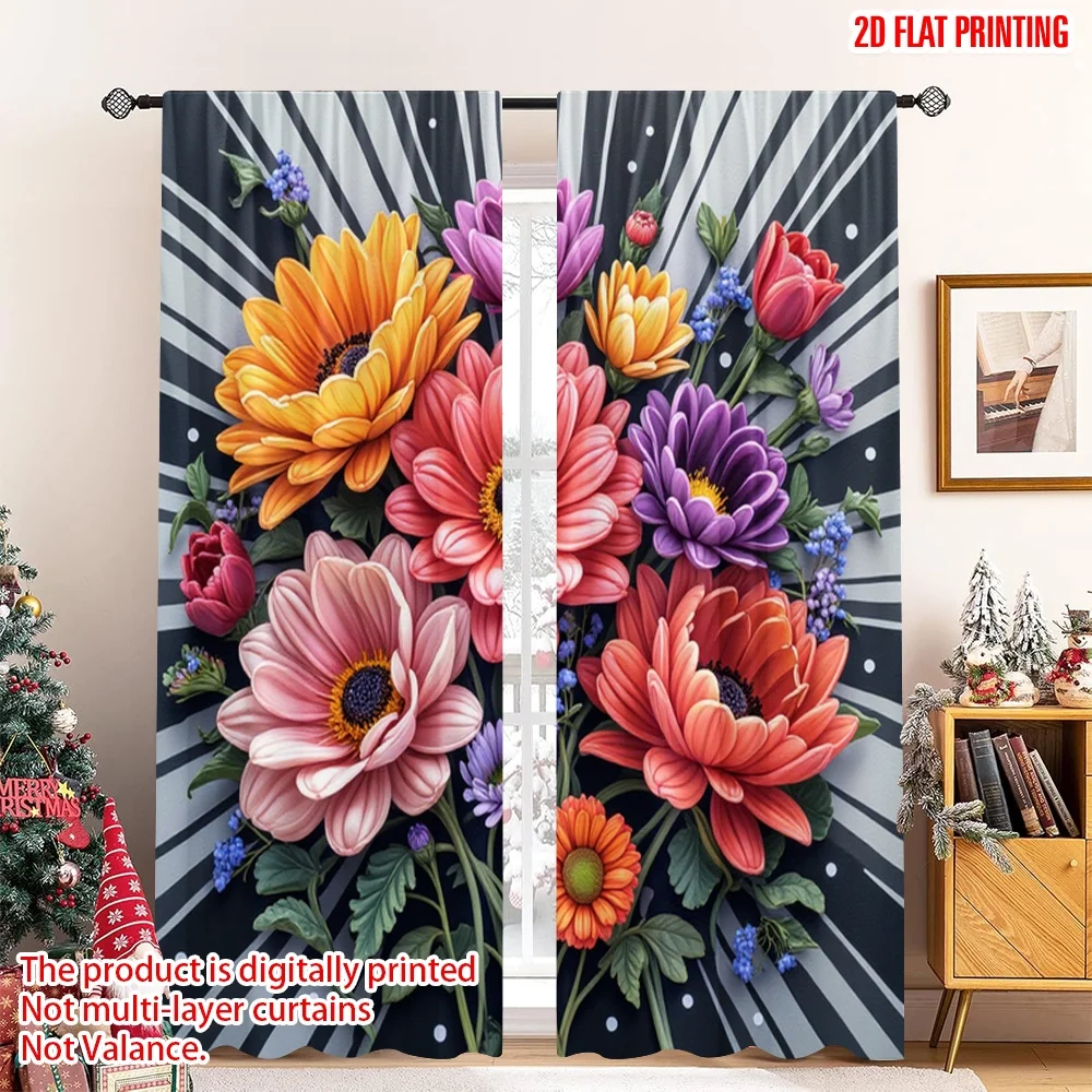 2pcs 2D flat printing Curtain Vibrant Floral Garden Canvas Digital Printed Polyester Drapes Family Party Use for Indoor Outdoor