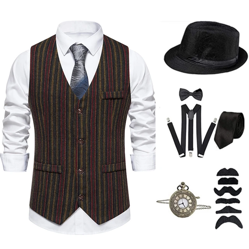 Autumn Retro Gatsby 1920s Carnival Banquet Men's Suit Gentleman Vest Party Button Set Accessories Hat Strap