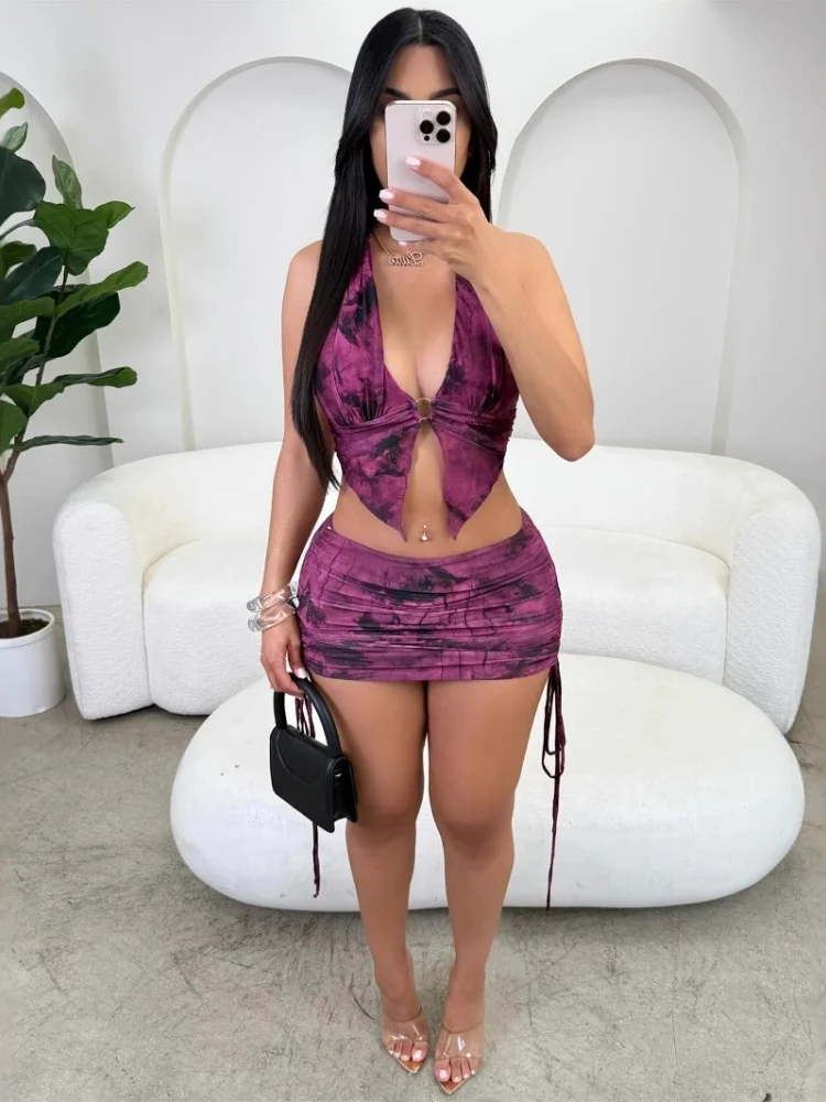

Sister Star Fashion Personalized Sexy Printed Backless Top Wrap Hip Tight Skirt Suit Wholesale Nightclub Party Two-piece Set