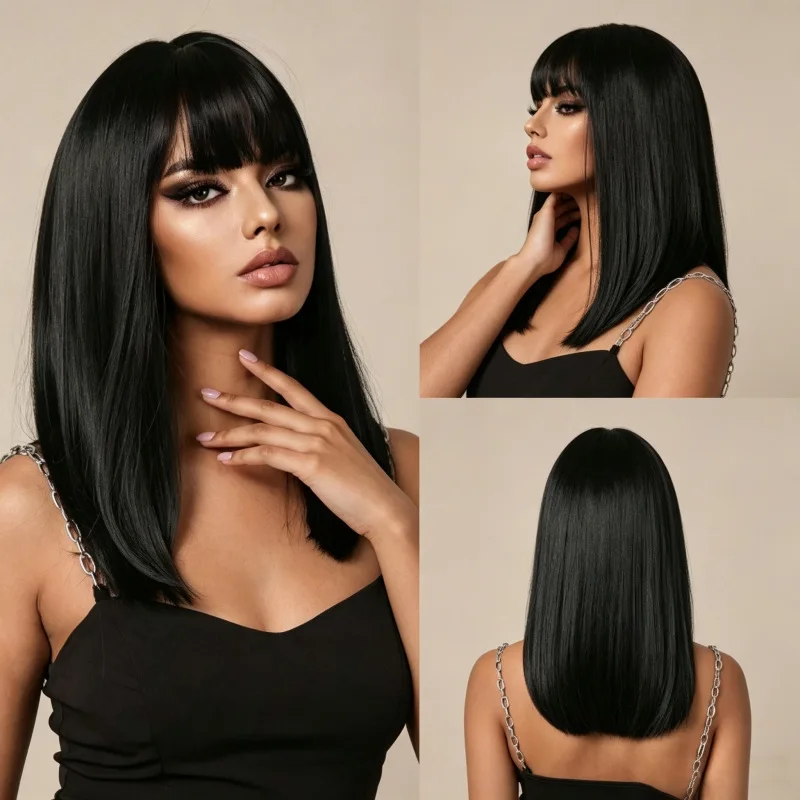 Medium and long Qi bangs Bobo head simulation hair thick bangs black long straight hair wig for daily wear