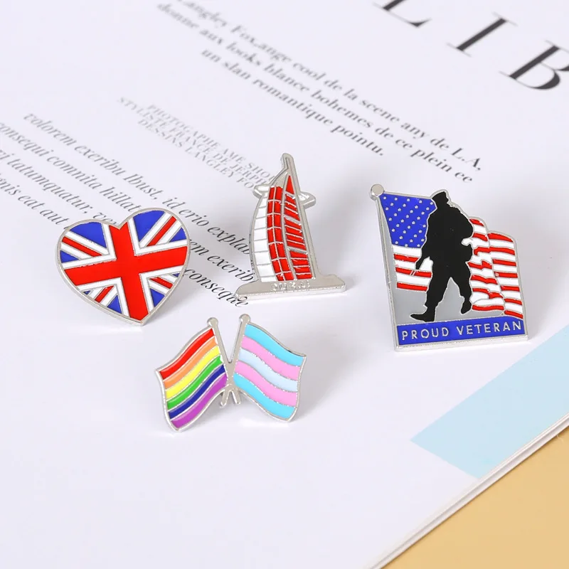 Proud Veteran Enamel Pins US UK Flag Dubai Burj Al Arab Brooch Lapel Badges Jewelry Gift for Friends