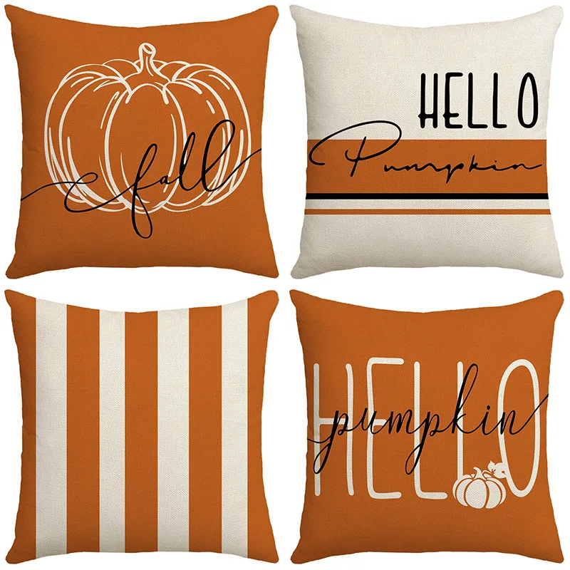 Autumn Thanksgiving Decorations Throw Pillowcase Pumpkin Orange Striped Linen Pillow Cover Home Holiday Decorative Cushion Cover