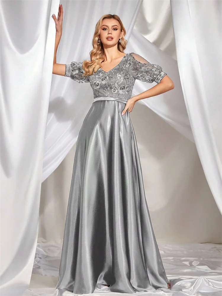 

BLUEPLUM Elegant Short Sleeve Satin Grey Formal Evening Dress Luxury Long Women sequin Party Dress Cocktail Prom Gowns Vestidos