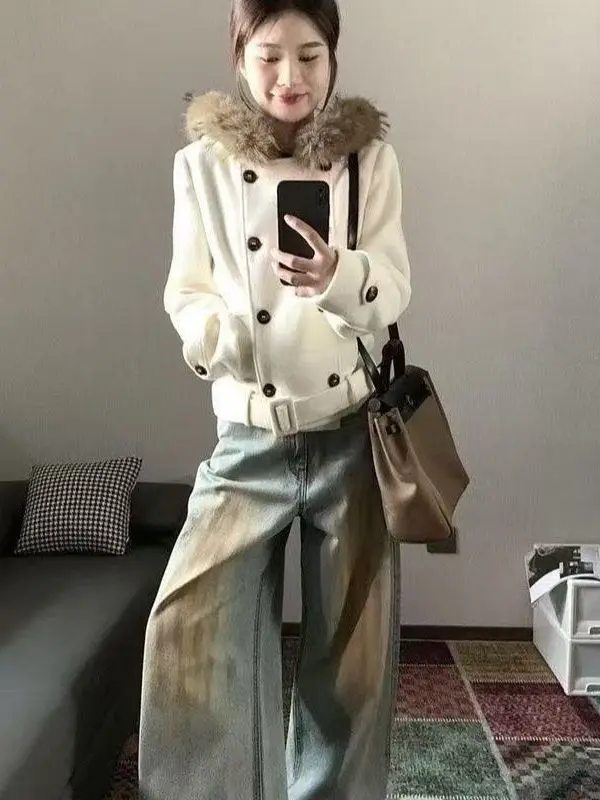 

Thiened Woolen Jaet for Women with Hat Korean Sle Autumn Winter ort Double Row Button Apricot Straight Body Fit