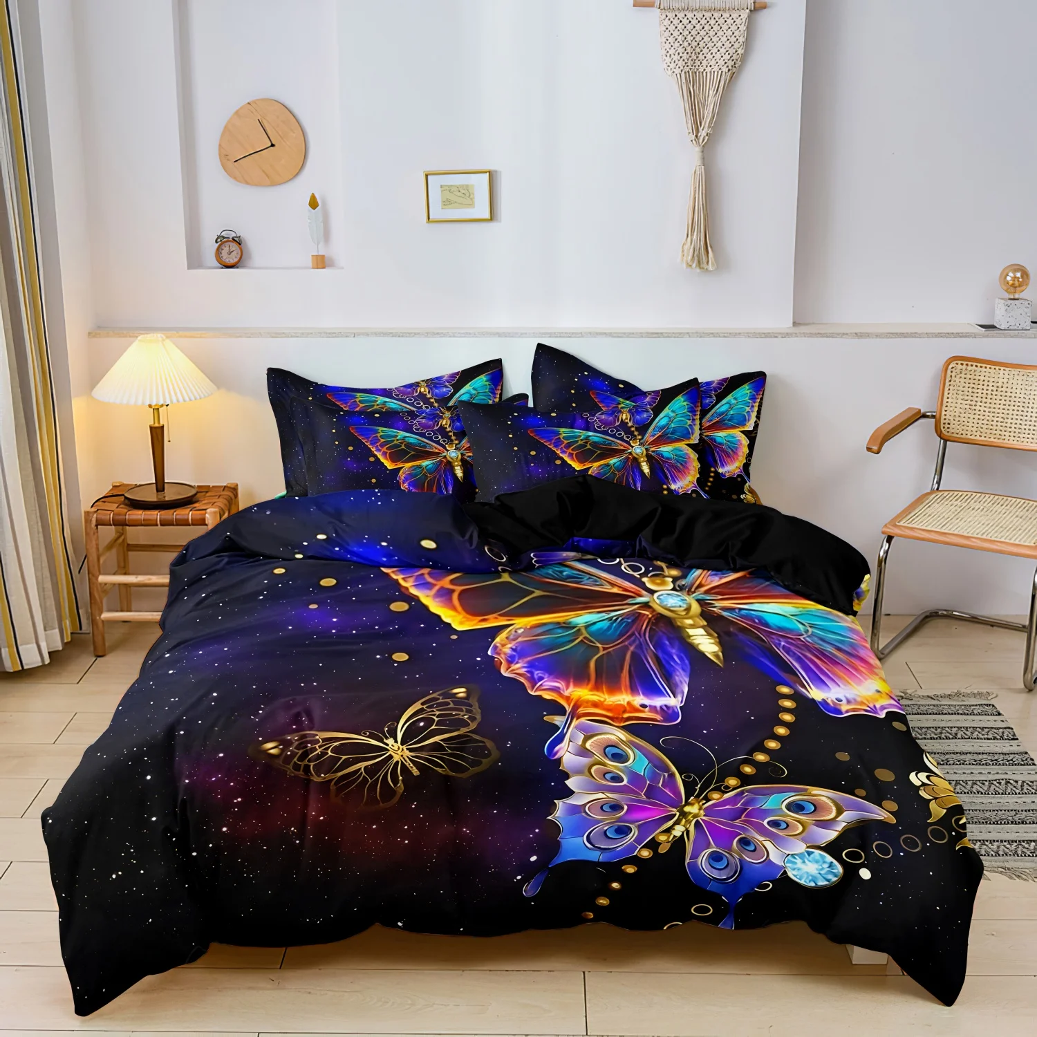 3 Pieces Black Starry Galaxy Colorful Rainbow Butterfly Duvet Cover Set, Golden Cosmic Butterfly Print Bedding