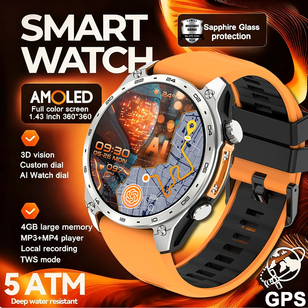 

2025 New T-Rex 3 Tactical Smartwatch Built-in GPS Offline Map 4GB Memory 5ATM Waterproof Swimming Men Militray Smart Bracelets