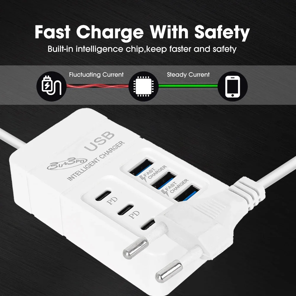 6Ports Multiport USB Charger 35W PD Type-C Mobile Phone Fast Charge Quick Type C Wall Chargers TypeC USB Hub Adapter EU US Plug