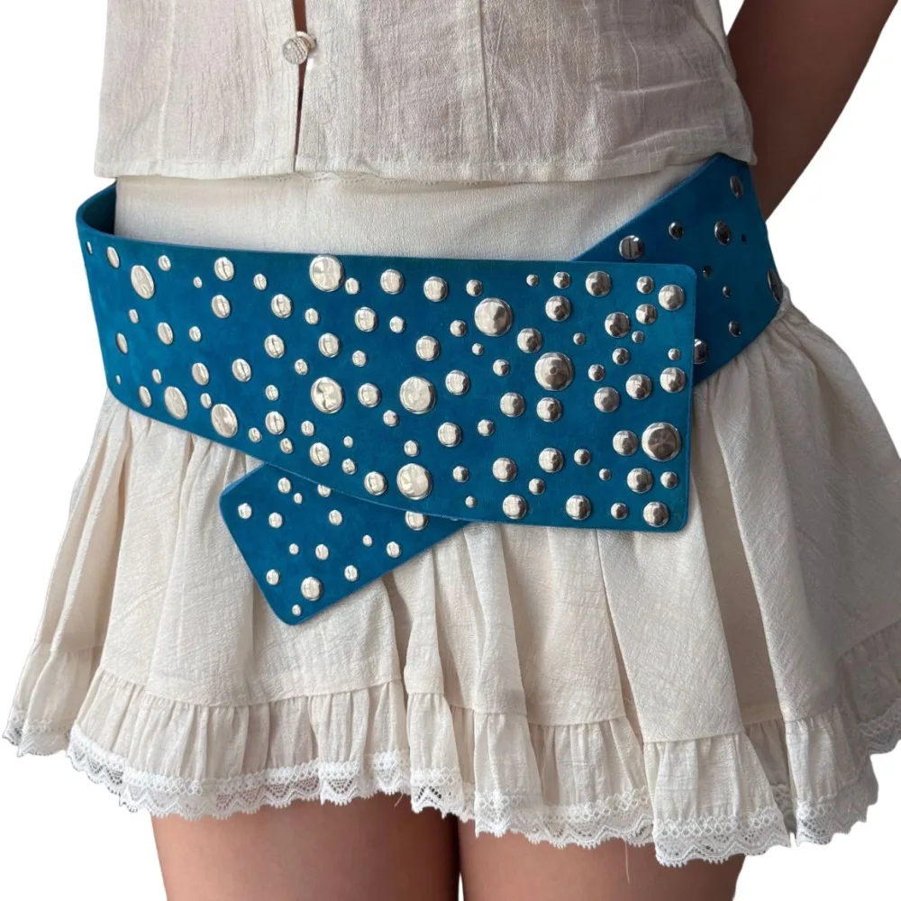 Jeans Belt PU Leather Rivets Extra Wide Belt Punk Y2K Studded Wide Waistband Exaggerated Gothic Women Waist Belts Concert