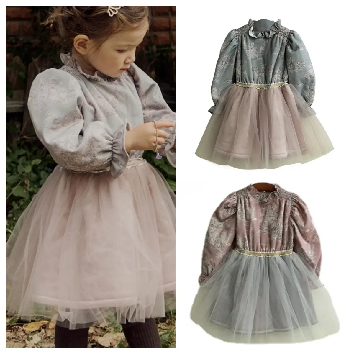 

Kids Girls Princess Dresses 2024 Toddler Kids Baby Girls Lace Collar Mesh Stitch Printed Cotton Dress