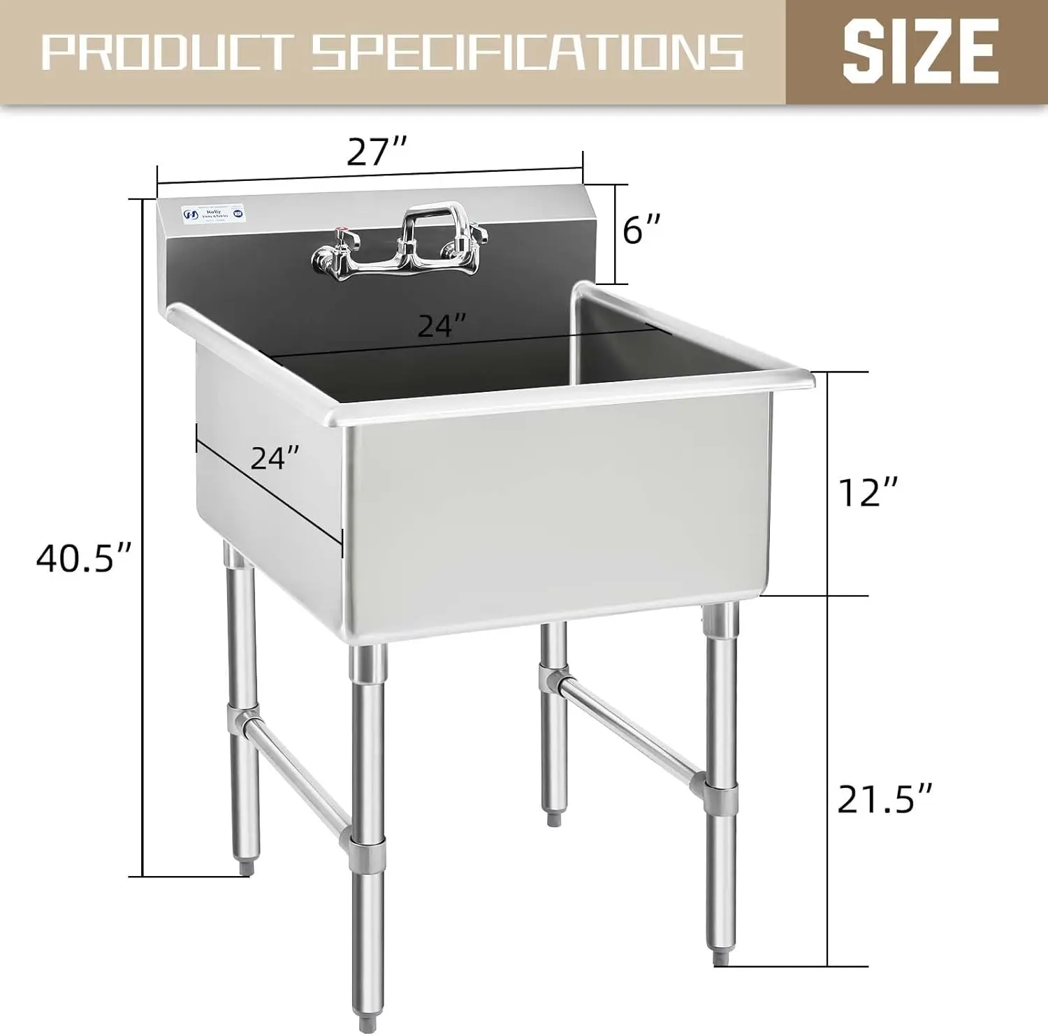 Komercyjny zlewozmywak ze stali nierdzewnej 1 przegródka Zlewozmywak NSF i użytkowy z kranem 8" 24" dł. x 24" szer. x 12" miska D do baru