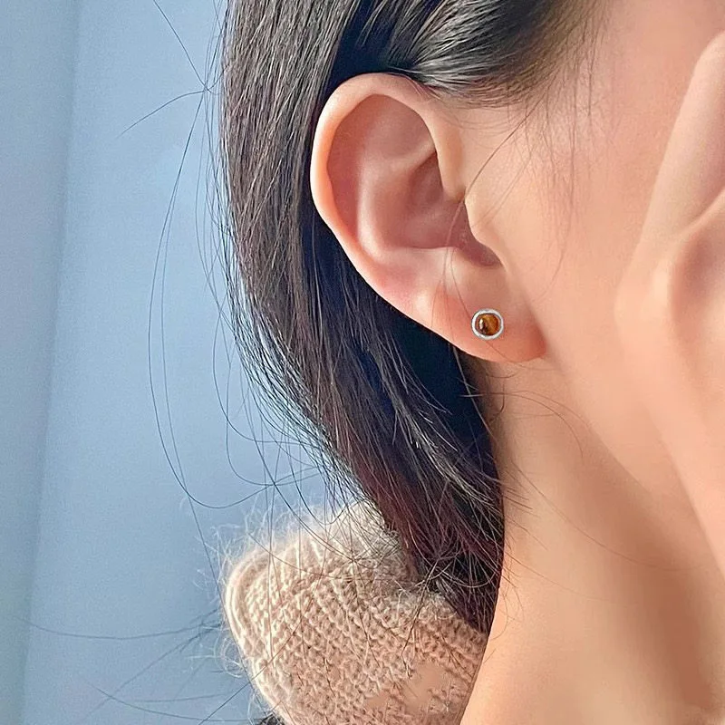 New 925 Sterling Silver Tiger Eye Stone Geometric Stud Earrings for Women Fine Jewelry Piercing Screw Bead Accessories Gifts