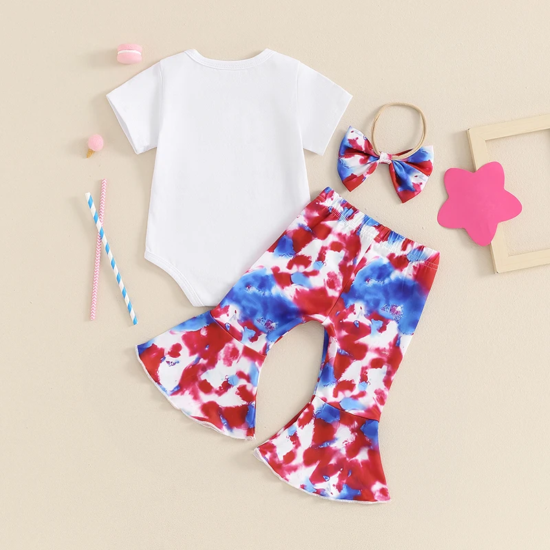 2024-03-12 Lioraitiin Baby Girls 4th of July Outfit Letter Print Short Sleeves Romper and Tie-Dye Flare Pants Headband Clothes