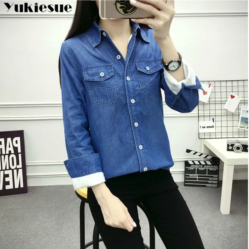 2022 Casual winter Autumn warm thick fleece denim Blouses Women Ladies Tops Women Blouses Long Sleeve Shirt clothe S-3XL