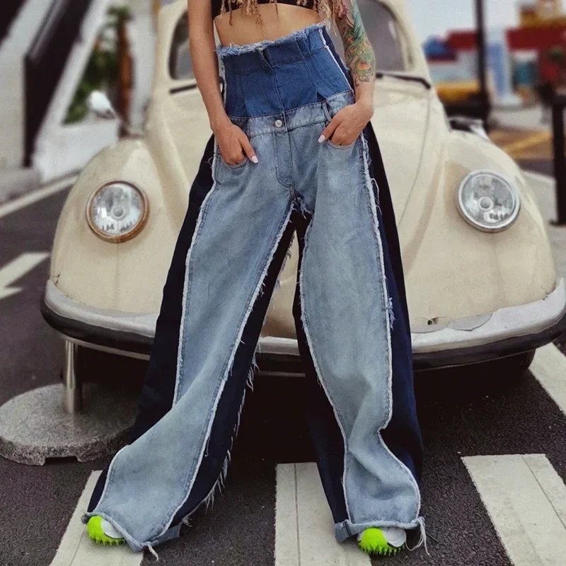 

Full Length High Waist Flare Pants Denim Women Jeans Spliced Loose Washed Pockets Distressed Loose Fit Vintage Punk Style