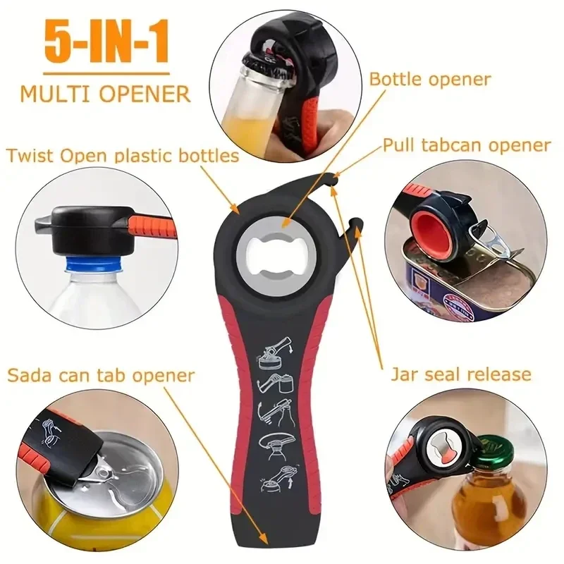 Multi-Functional Five-in-One Peeling Skin Opener Anti-Slip Cap Twister Beverage Bottle Opener with Four Position Can Opener