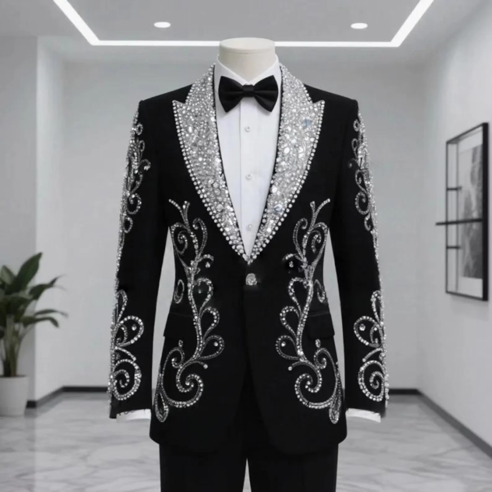 Luxury Men's Slim Fit Tuxedo 2 Piece Set Beaded Crystals One Button Wedding Groom Business Dinner Prom High Quality Suits