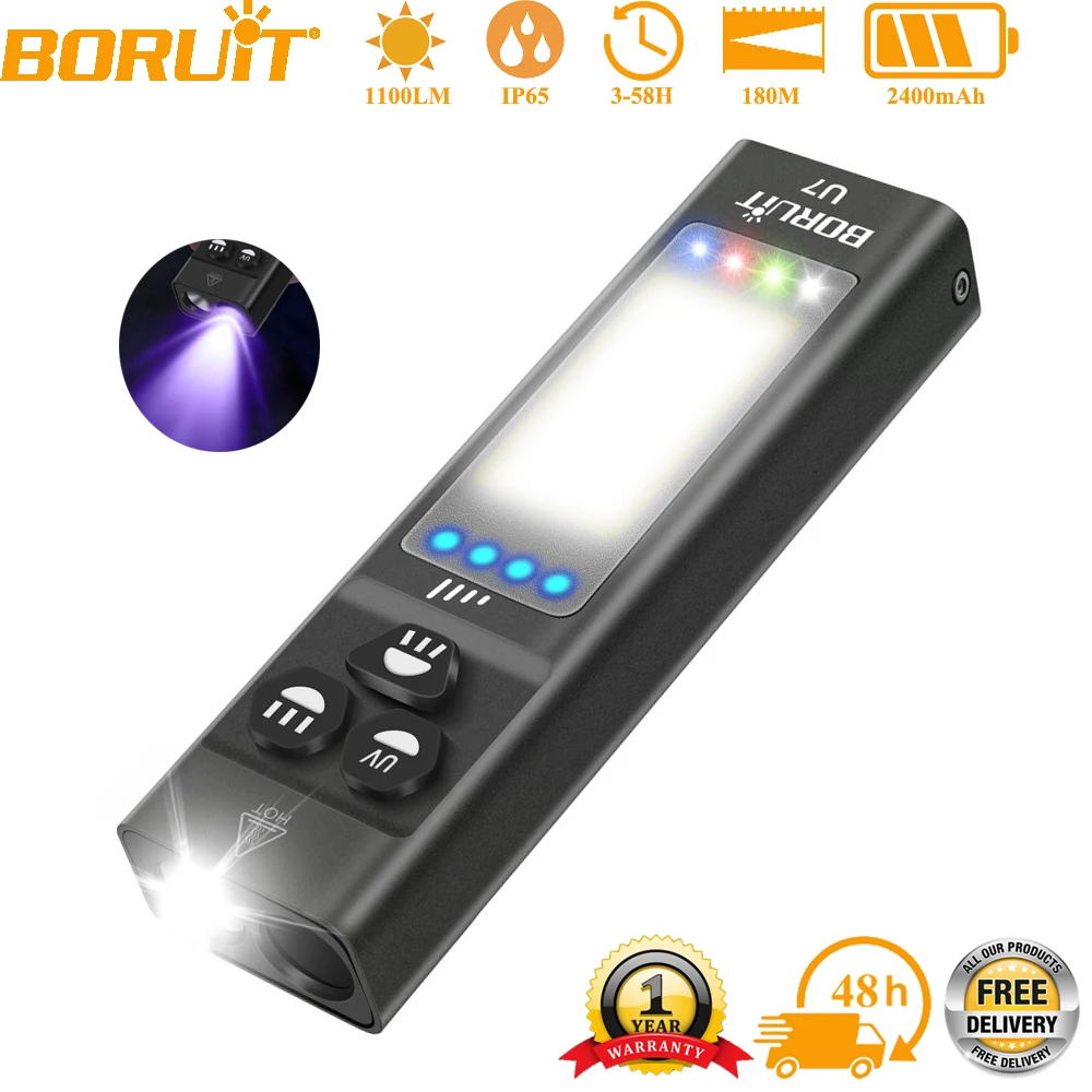 BORUiT U7 1100LM UV LED EDC مصباح يدوي Type-C بنك الطاقة القابل لإعادة الشحن ضوء العمل الشعلة مع فانوس جيب التخييم المغناطيسي
