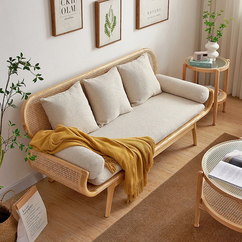 

Log rattan double sofa living room home leisure rattan chair three-person small apartment