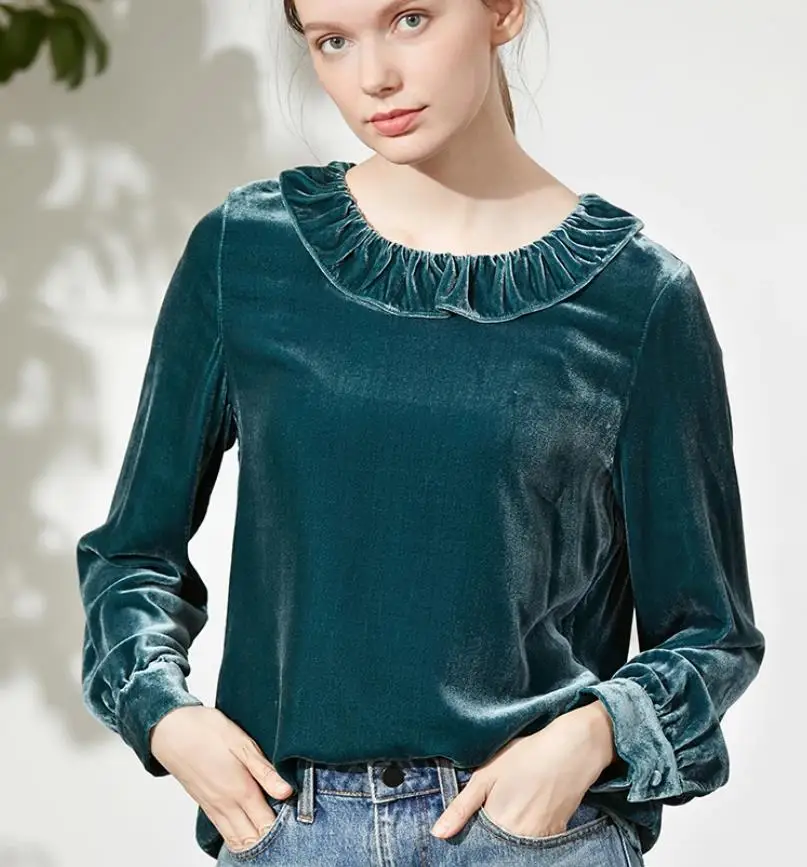 Ropa de calle coreana, tops de terciopelo de manga larga con cuello de hoja de loto, blusa elegante de terciopelo para primavera y otoño, camisas vintage, camisas de talla grande