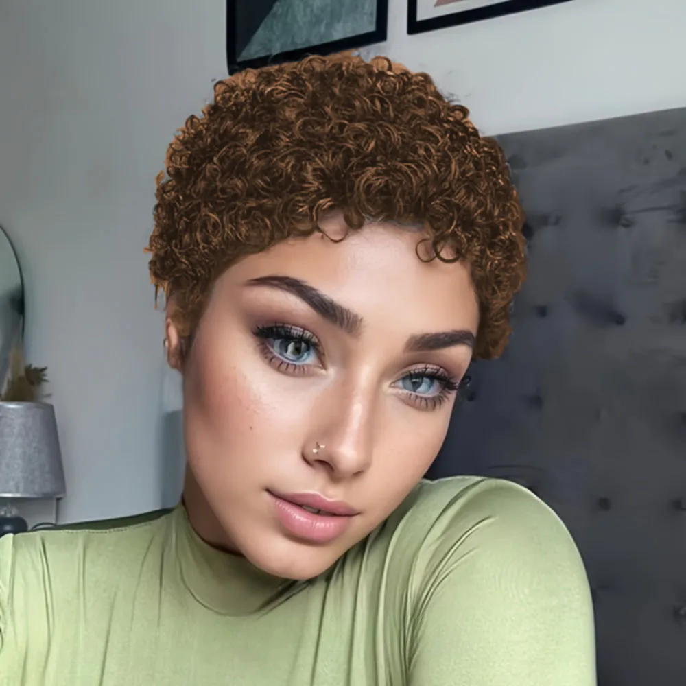 密度150% 4インチ フルマシンメイド ショートアフロカーリー人毛ウィッグ アフロショートウィッグ 女性用ピクシーカットウィッグ人毛