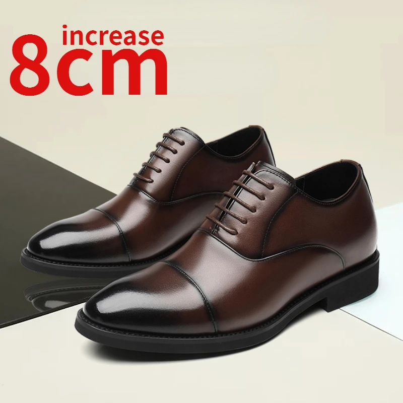 Men's Dress Shoes Invisible Height Increasing Derby Shoe Increase 8cm New Business Genuine Leather Pointed Wedding Shoes for Men