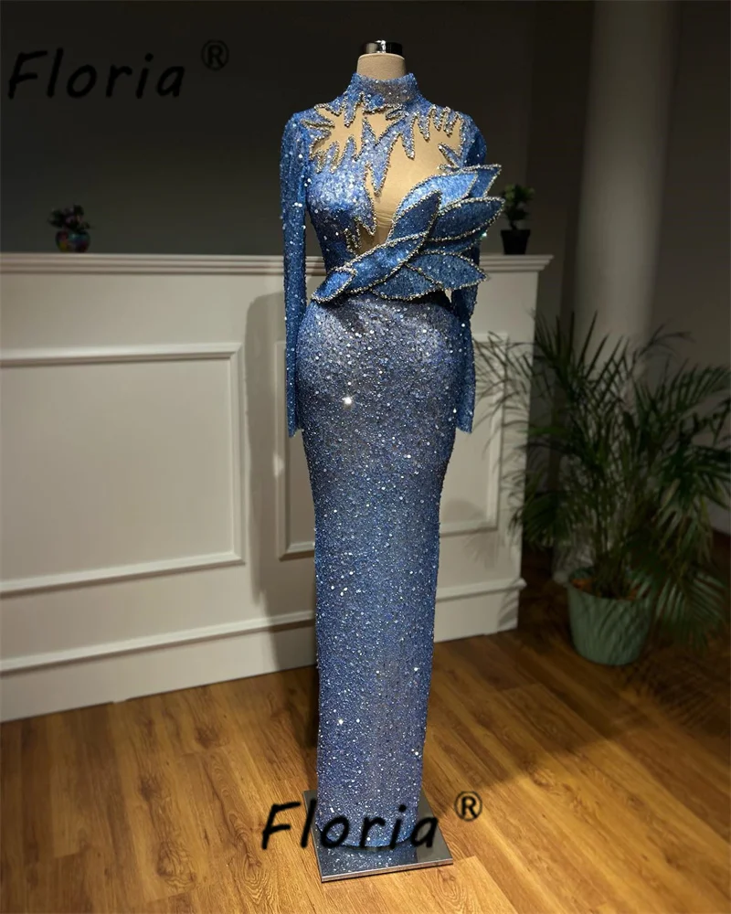 Sparkly Sequin Beading Evening Dress Dubai Blue Long Sleeve Leaves 3D Floor Length Prom Party Dresses Formal Occasion Gowns New