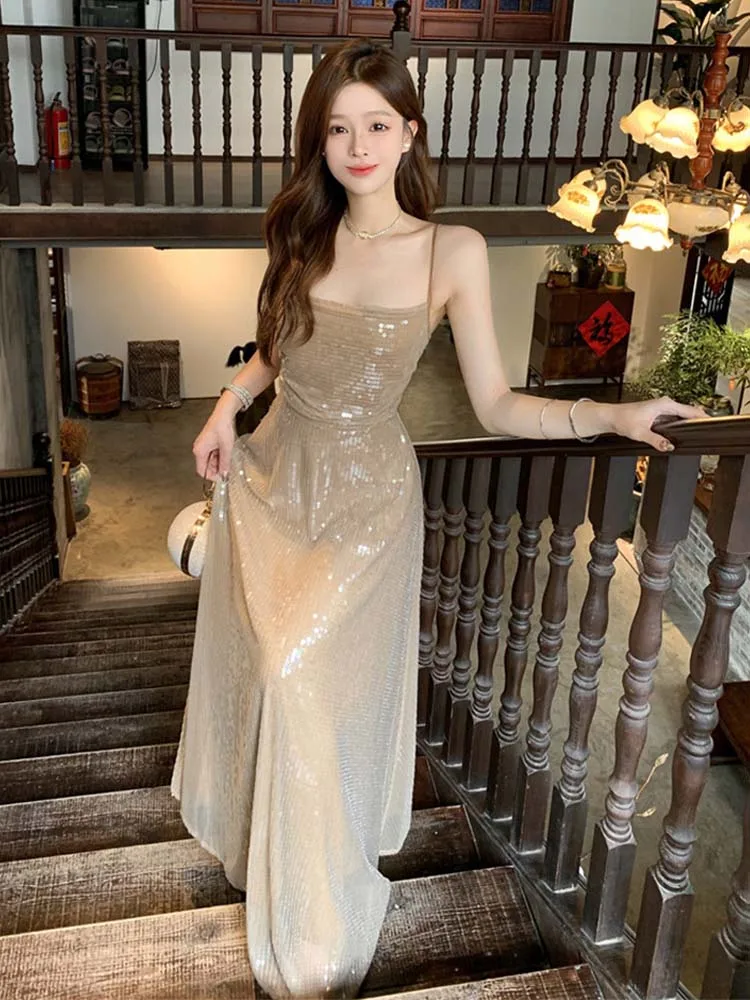 Evening party Women Sequined Maxi dress for women 2024 Summer Sexy Fold Backless sleeveless Long dresses Slim Lady INKEO 4D041