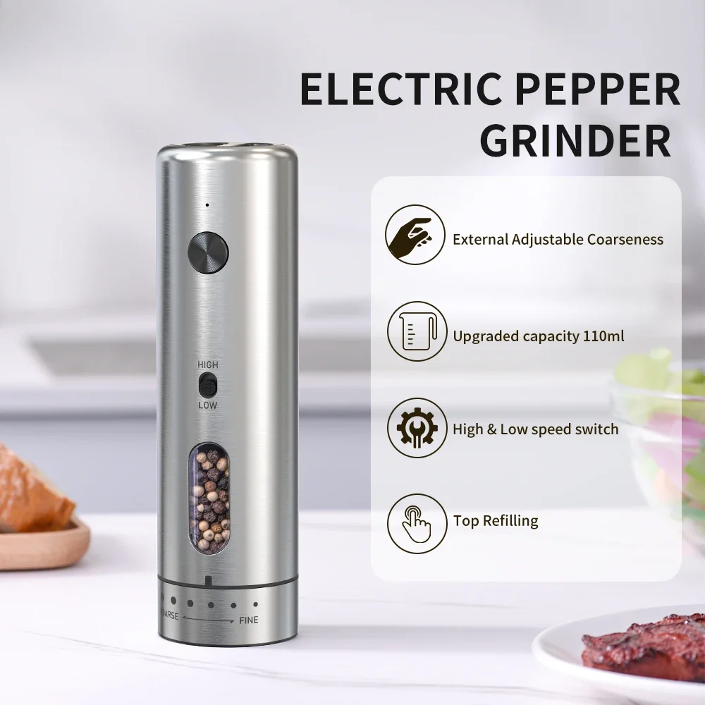 2Pcs Electric Salt and Pepper Grinder Set Stainless Steel Spice Salt Mills Rechargeable Pepper Grinders Speed External Adjustmen