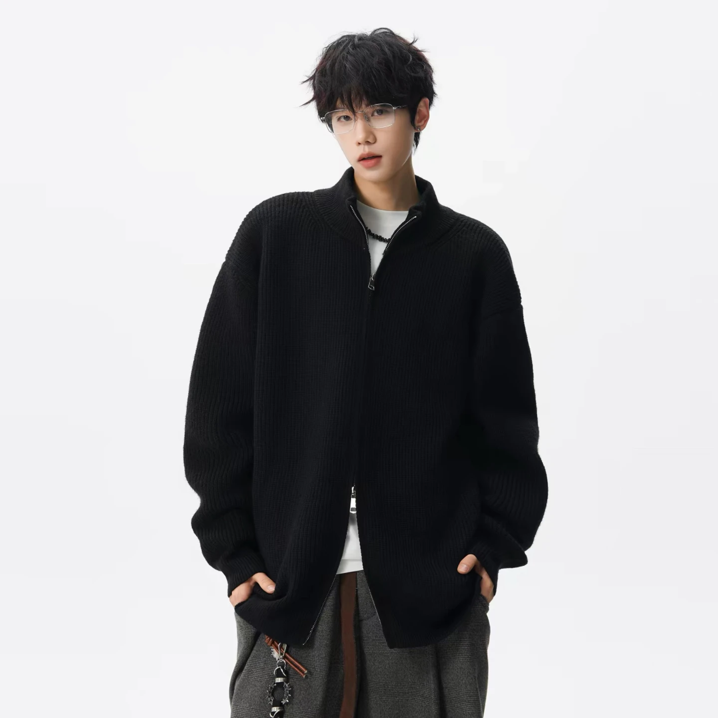 

Zippered Open Cardigan Sweater Loose Casual Stand Collar for Men And Women Autumn Winter American Sle Versatile Lazy Knitwear