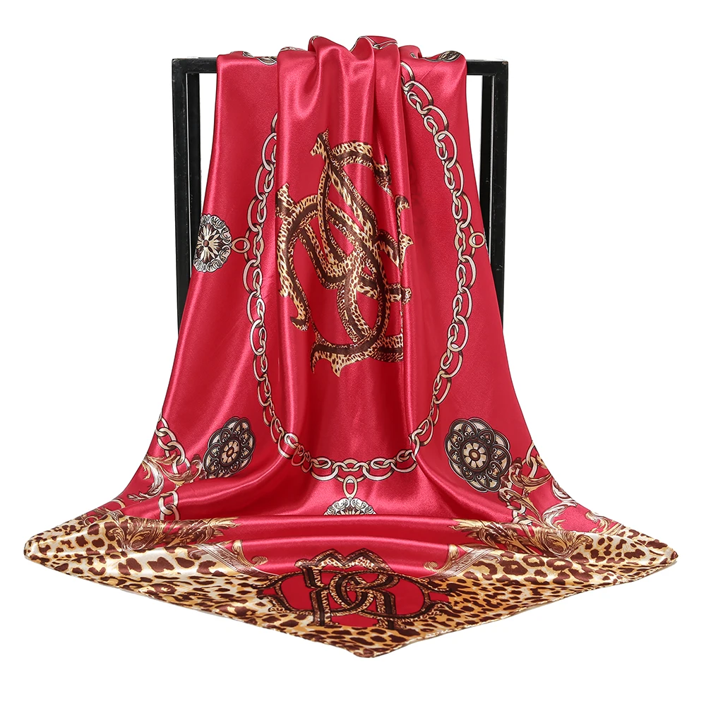 Square Satin Silk Scarf Leopard Chain Printed Hijab Turban For Women Muslim Casual Bandana Ladies Fashion Headband 90*90cm