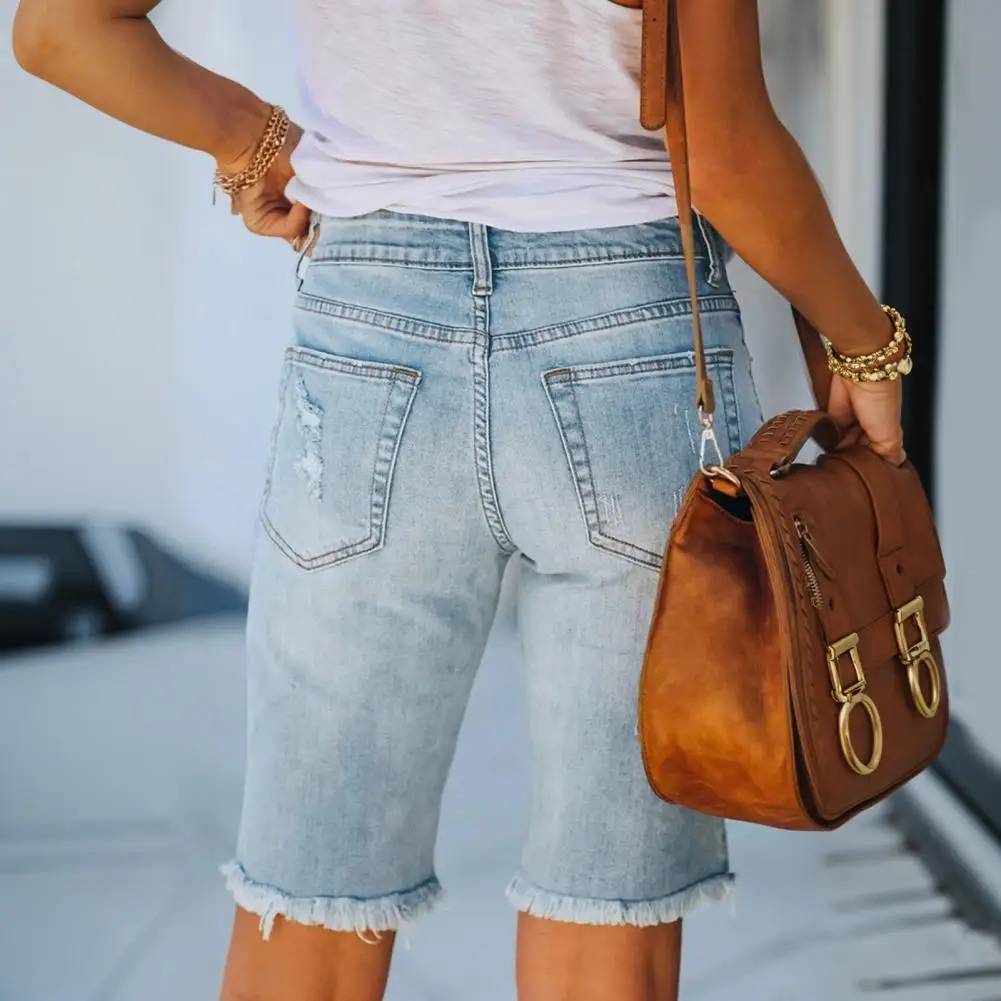 

Women's Denim Shorts High Waist Stretch American Flag Distressed Ripped Denim Shorts Casual Burr Edged Hole Design Jean Shorts