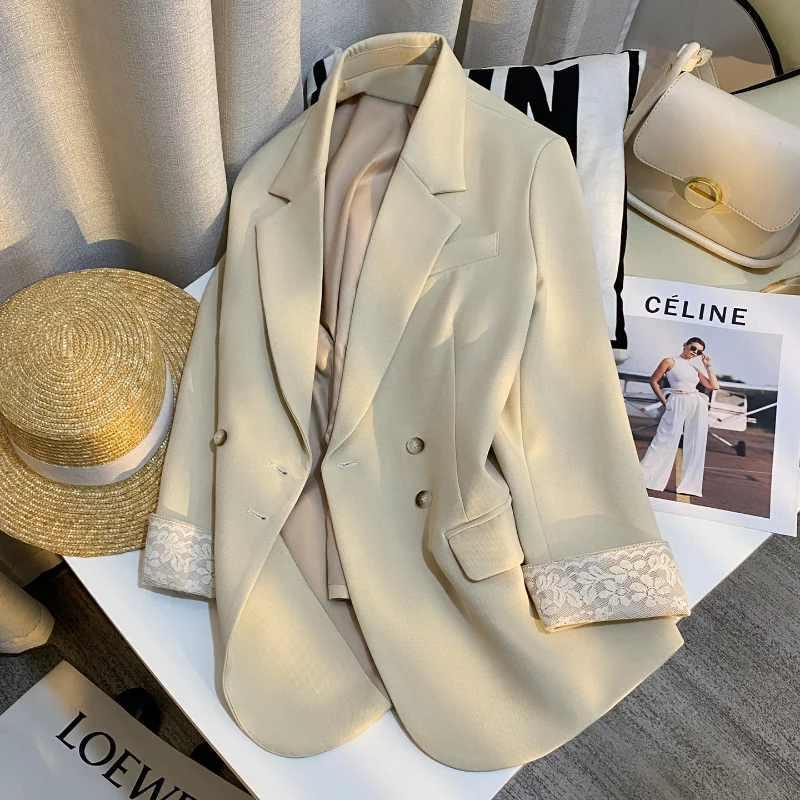 Women Elegant Beige Stitching Lace Cuff Suit Jacket Female Fashion French Simple Loose Casual Black Office Lady Suit Jacket