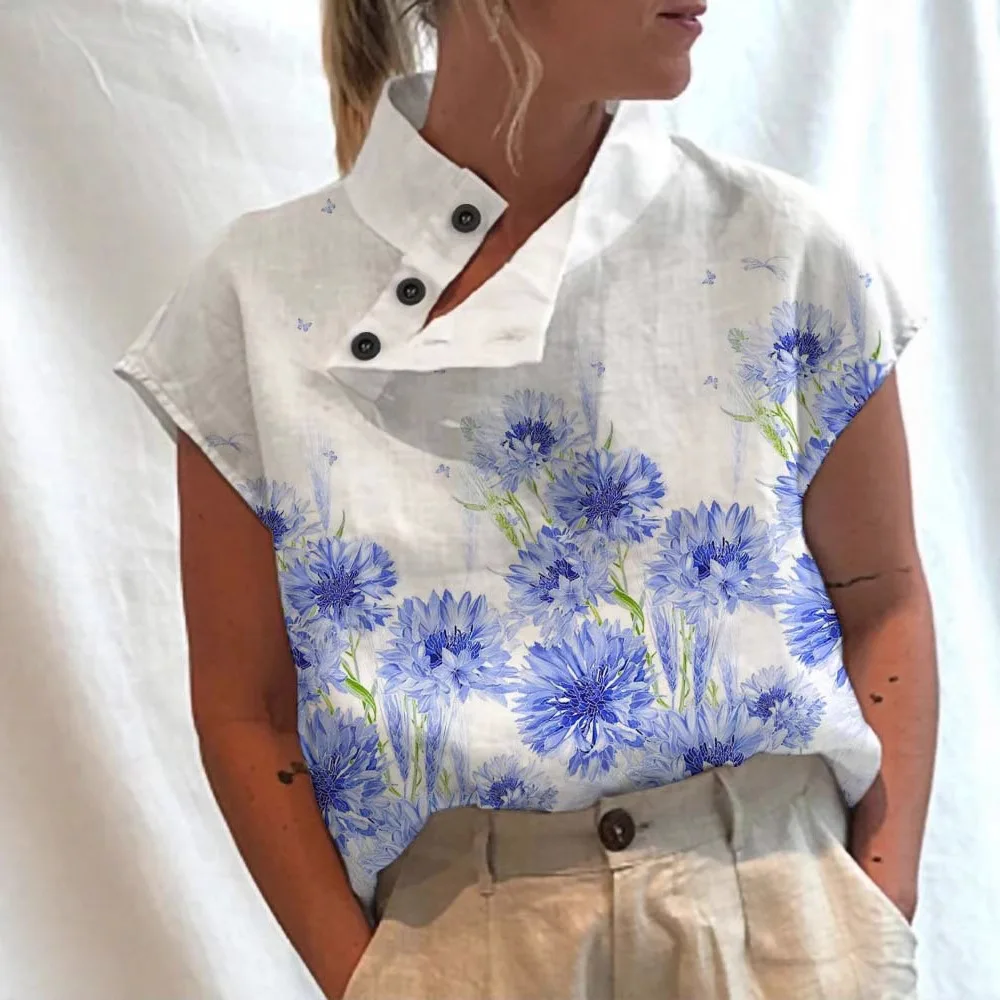 Women's Short Sleeved Shirt With Printed Pullover Tops Womens Shirt Blusas Asimetricas Mujer