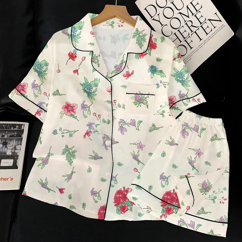 

Summer New Women's Ice Silk Small Fresh Simple Small Floral Pajamas Girls Thin Section Short-Sleeved Pajamas Homewear Suit