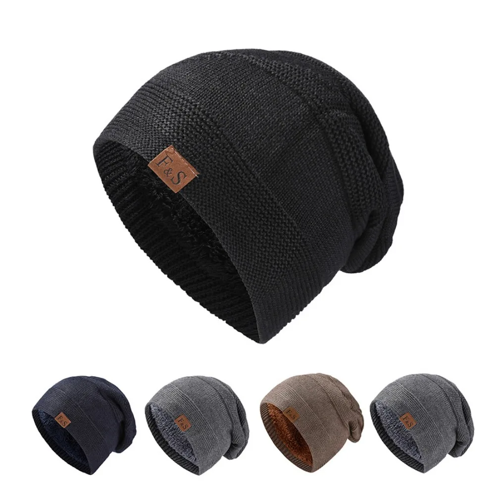 

New Unisex Slouchy Winter Hats Add Fur Lined Men And Women Warm Skullies & Beanies Cap Casual Label Decor Winter Knitted Hat