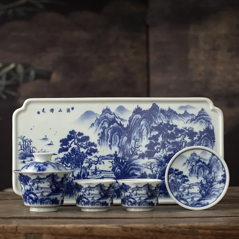 Blue and White Landscape Retro TeaSet Household Tea Bowl Ceramic Hover Cover Bowl TeaCup Dry Brewing Plate Cover Set TeaSet Gift