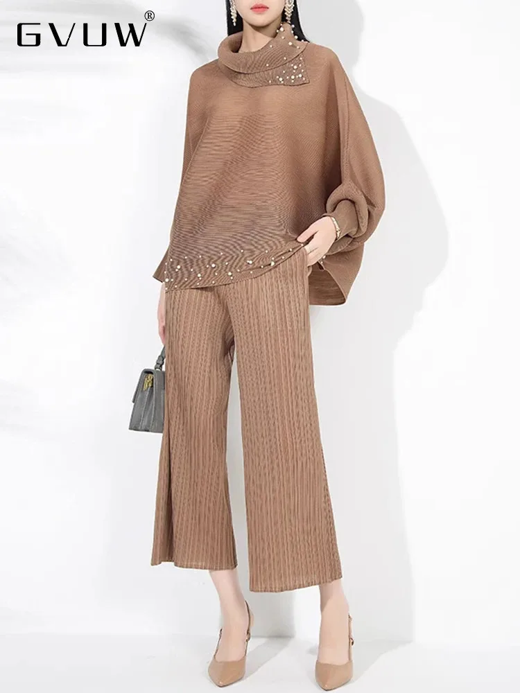 GVUW Pleated Pants Set Women Beading Batwing Sleeve Pullover Tops + Wide Leg Trousers Solid Color New Niche Design Sets 17G8840