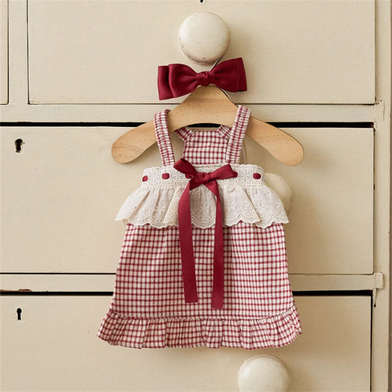 

Dog Clothes Red and White Plaid Dress Sling Ribbon Bow Cat Dress Puppy Outfits Chihuahua Clothes with Hairpin