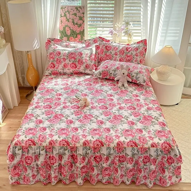 Soft Aloe Vera Cotton Bedskirt with Double Layer Hem Floral Princess Style Ruffled Bed Cover for Girls Room Decor
