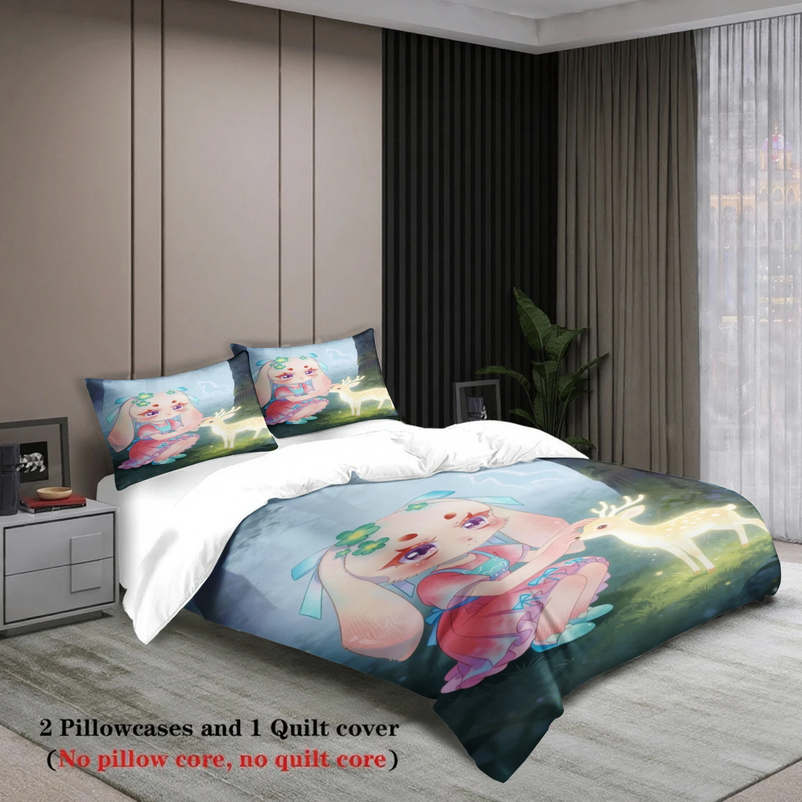 Softville Cozy Town 3PCS Bedding Sets Lop Rabbit Playing With Rabbit Pint Duvet Cover No filling Cartoon Style Queen King Size