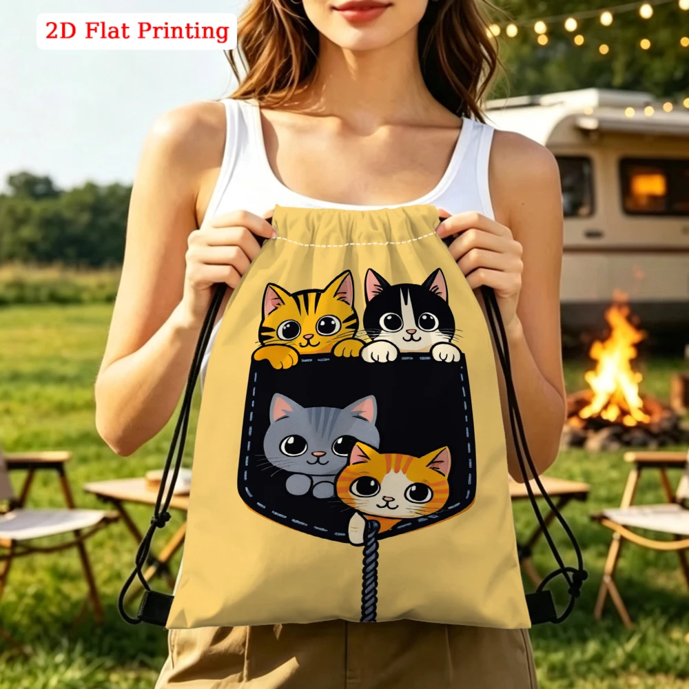 Cartoon Drawstring Backpack, 2D Flat Print Four Cats, Fitness Sports & Outdoor Travel Bag