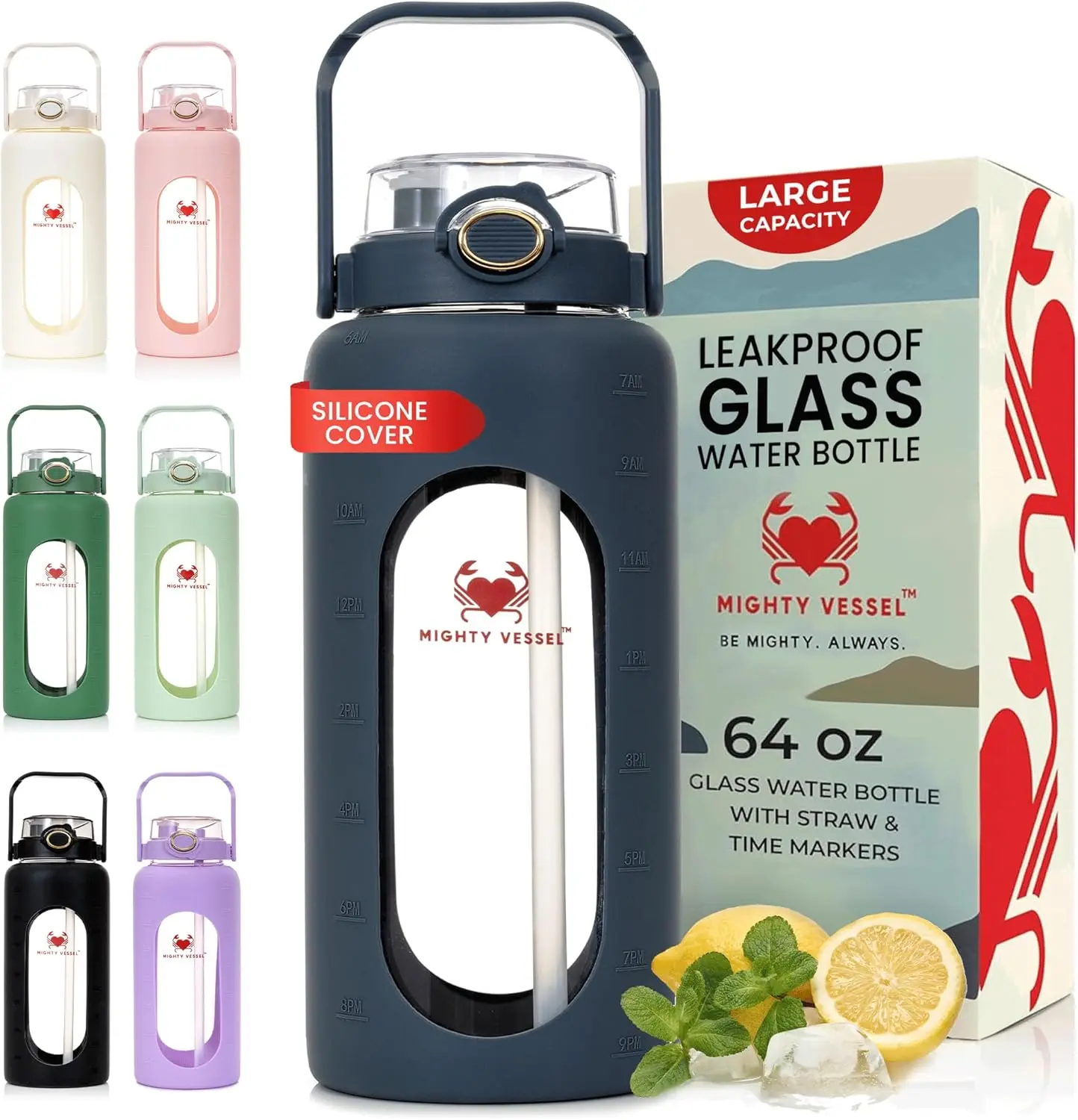 

Темно-синяя стеклянная бутылка для воды на 64 унции — боросиликатный кувшин с соломинкой и маркером времени, герметичная для спортзала, путешествий, ежедневного использования