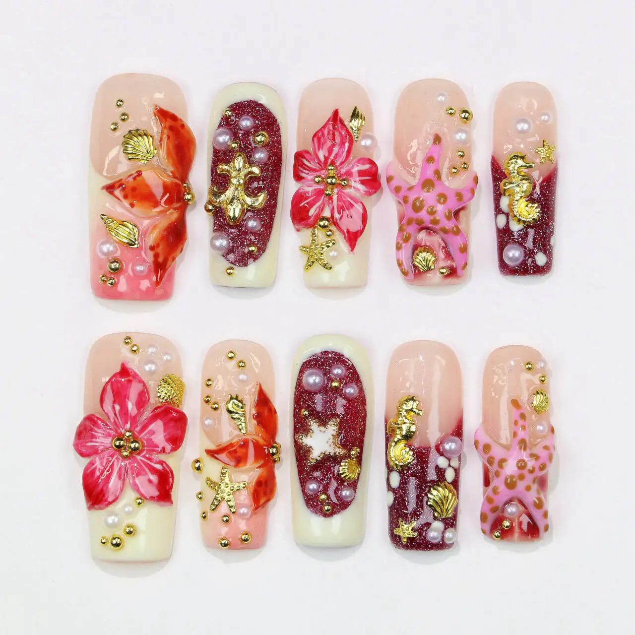 10Pcs 30mm 3D beautiful handmade Manicure Press On Nails, Acrylic Fake Handpainted  Flowers Custom Design Adhesive Nail File Set
