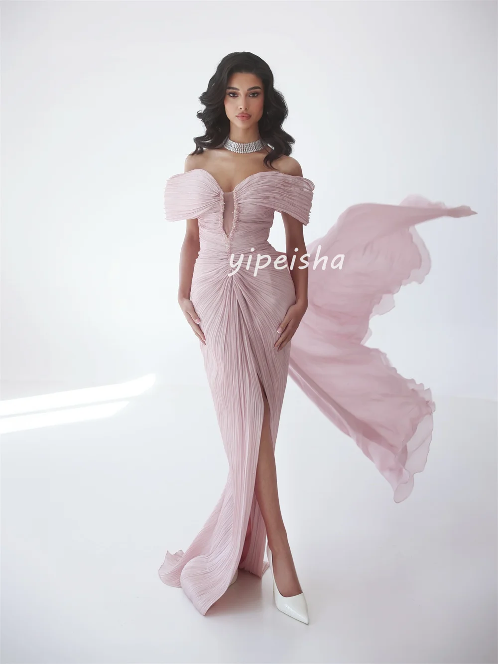 تخصيص مطابقة الشيفون Ruched ثنيات الديكور مطرزة مستقيم خارج على الكتف فساتين طويلة فساتين مناسبة مخصصة