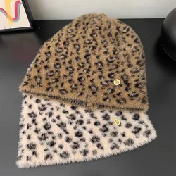Korean Leopard Print Plush Pullover Beanie Cap Women's Winter Retro Imitation Mink Hair Warm Ear Protection Skull Knitted Hat